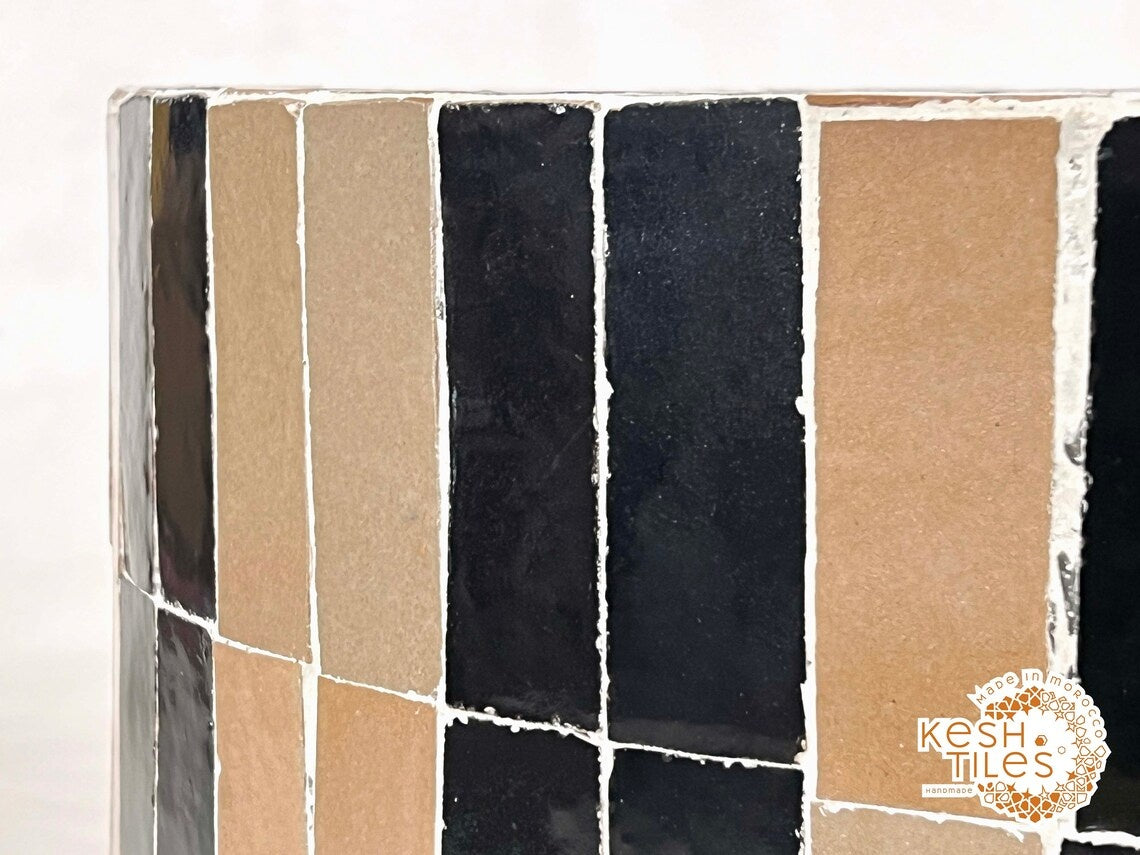 Isli - Beige and Black Drum Mosaic Coffee Table, Handmade Moroccan Zellige Table