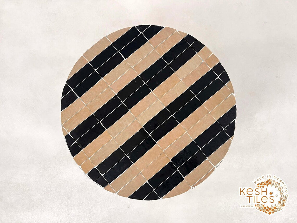 Isli - Beige and Black Drum Mosaic Coffee Table, Handmade Moroccan Zellige Table