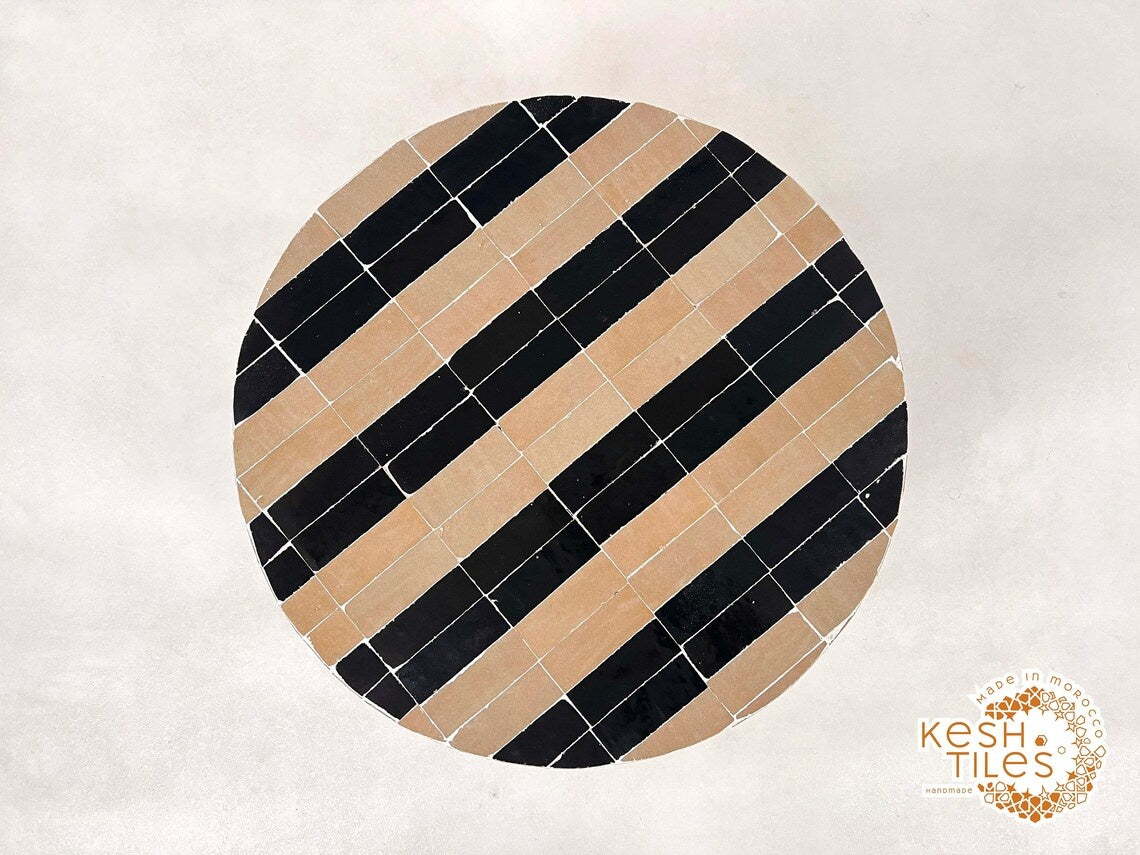 Isli - Beige and Black Drum Mosaic Coffee Table, Handmade Moroccan Zellige Table