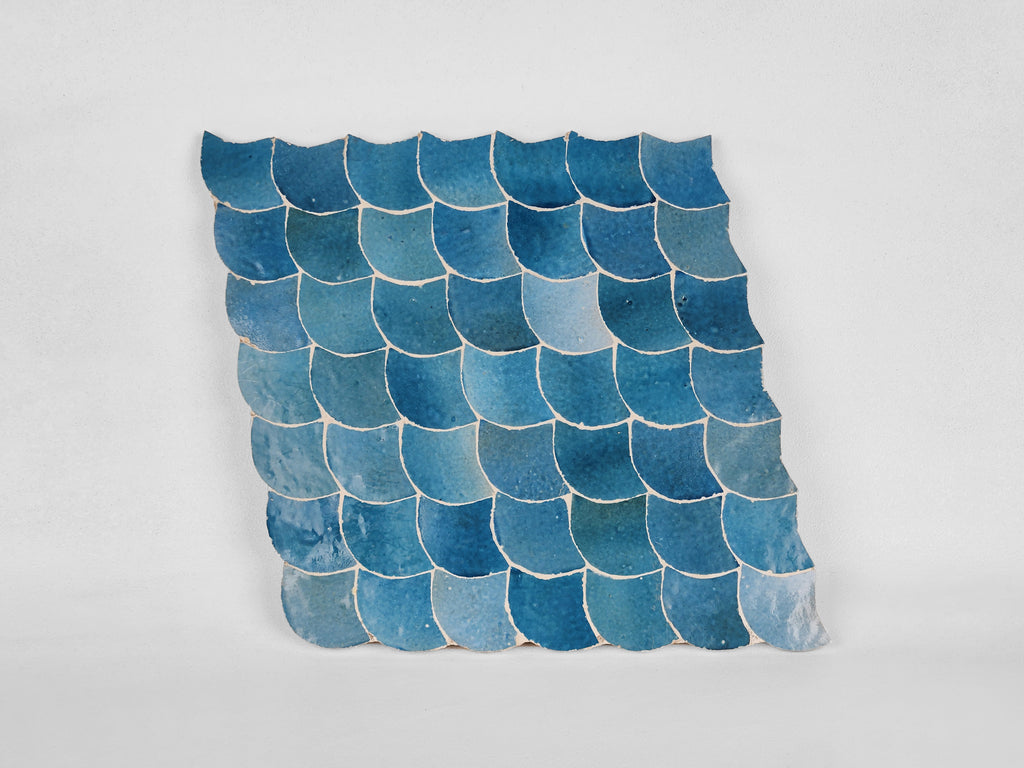 Essaouira Tide 18"x15" Blue Fishscale Zellige Tile for Kitchen