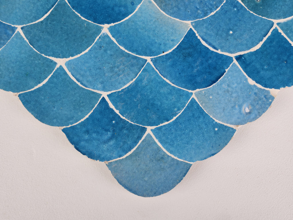 Essaouira Tide 18"x15" Blue Fishscale Zellige Tile for Kitchen