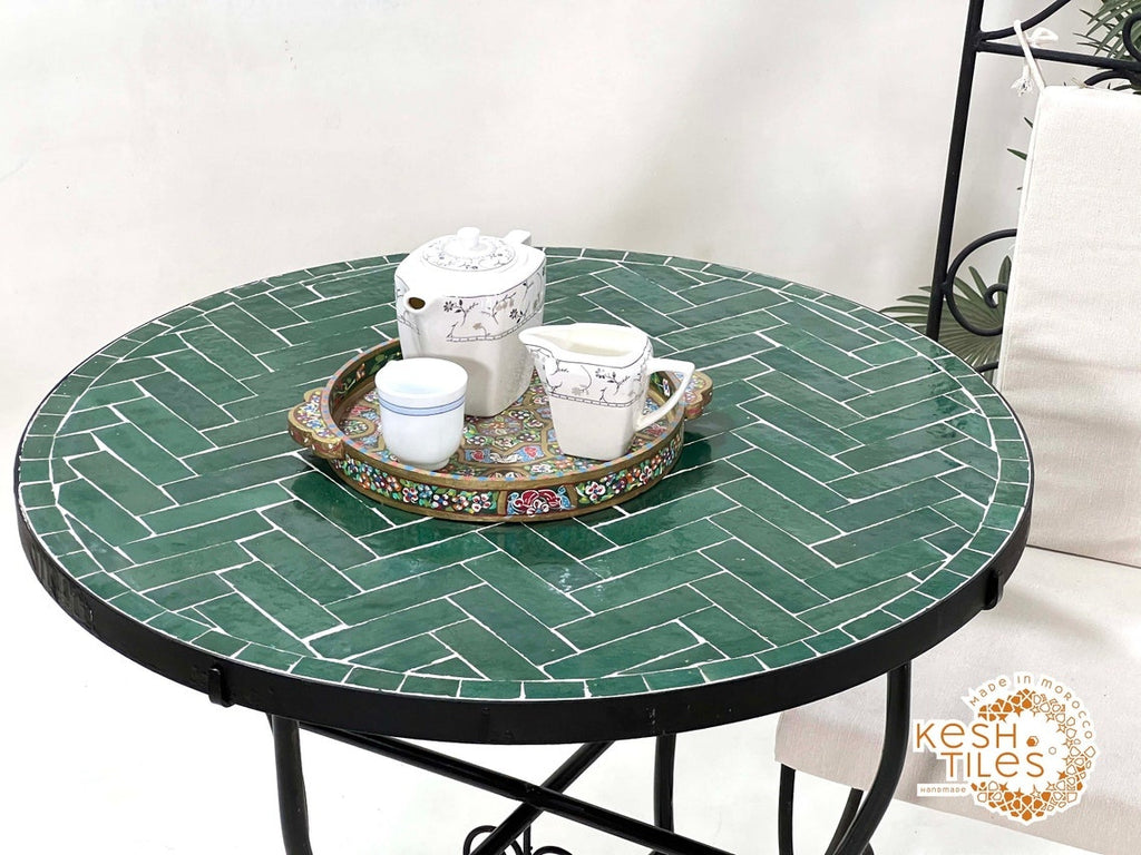 Fadwa - Green Herringbone Mosaic Table, Handmade Moroccan Patio Table