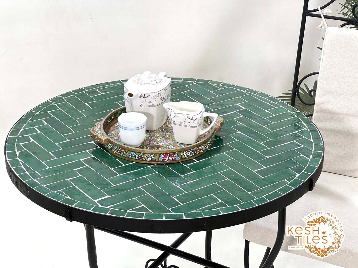 Fadwa - Green Herringbone Mosaic Table, Handmade Moroccan Patio Table