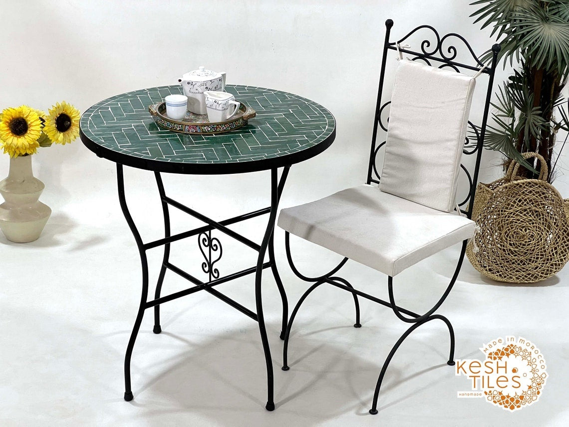 Fadwa - Green Herringbone Mosaic Table, Handmade Moroccan Patio Table