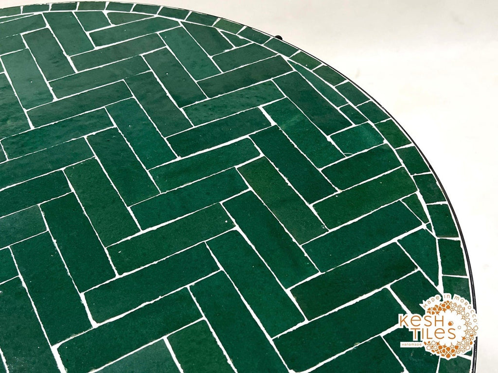 Fadwa - Green Herringbone Mosaic Table, Handmade Moroccan Patio Table