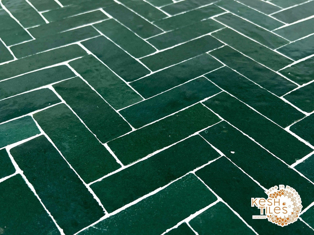 Fadwa - Green Herringbone Mosaic Table, Handmade Moroccan Patio Table