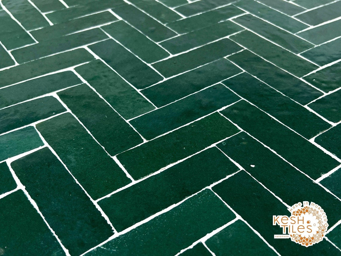 Fadwa - Green Herringbone Mosaic Table, Handmade Moroccan Patio Table