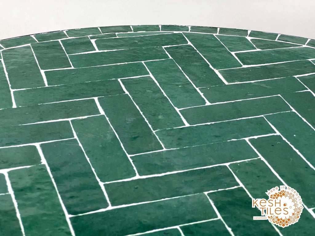 Fadwa - Green Herringbone Mosaic Table, Handmade Moroccan Patio Table