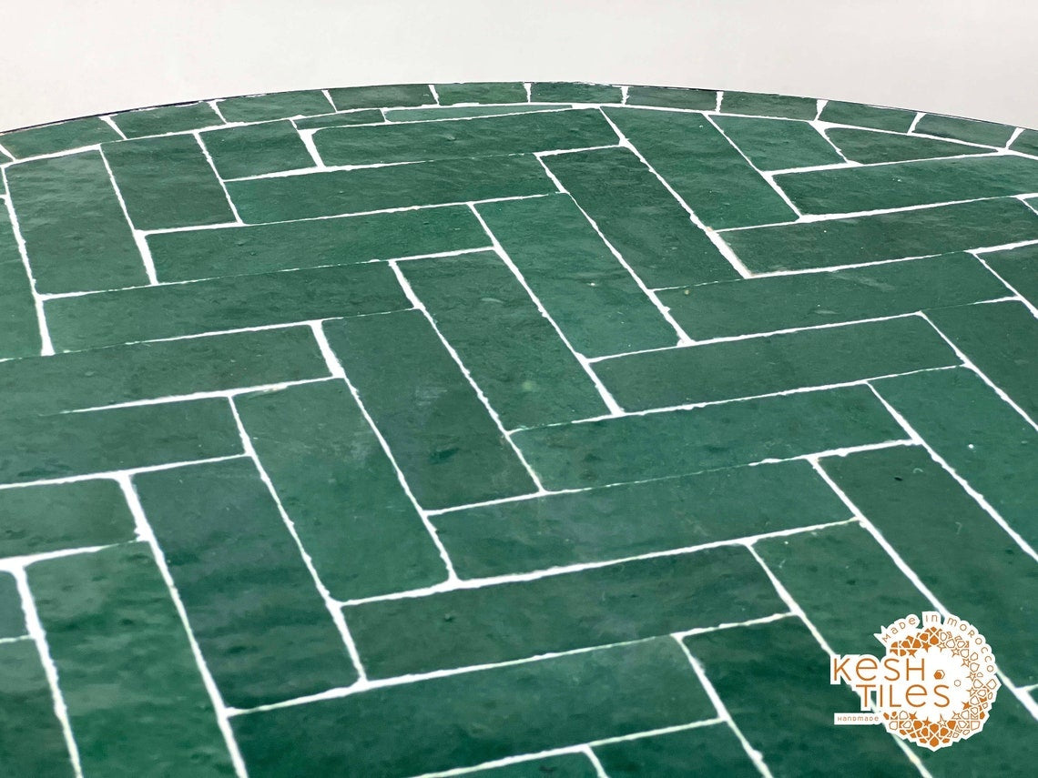 Fadwa - Green Herringbone Mosaic Table, Handmade Moroccan Patio Table