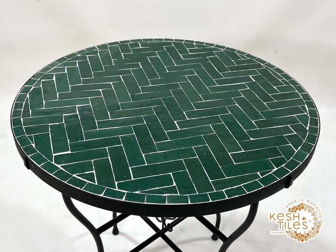Fadwa - Green Herringbone Mosaic Table, Handmade Moroccan Patio Table