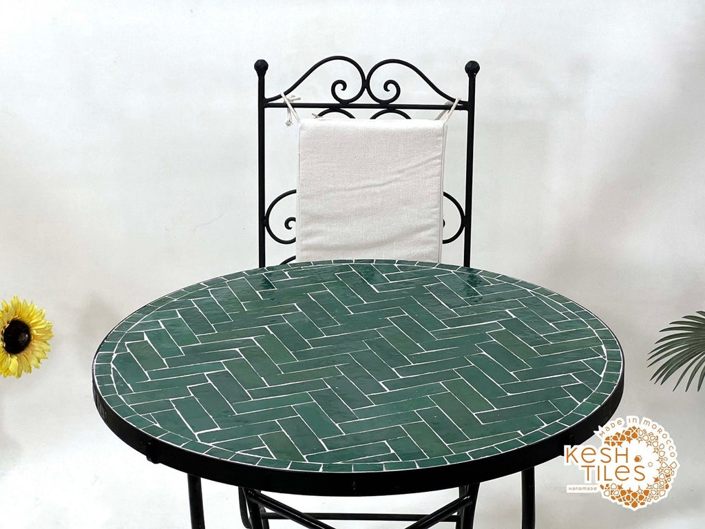 Fadwa - Green Herringbone Mosaic Table, Handmade Moroccan Patio Table