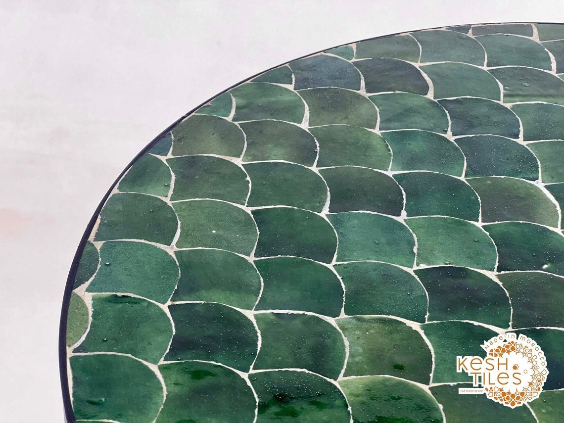 Tiliwa - Green Mosaic Table, Handmade Tamegroute Fish Scale Patio Table