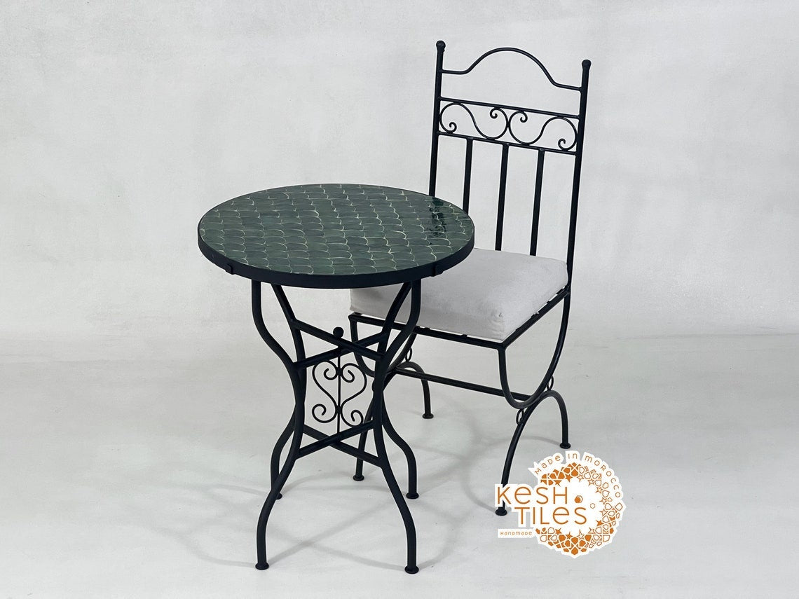 Tiliwa - Green Mosaic Table, Handmade Tamegroute Fish Scale Patio Table