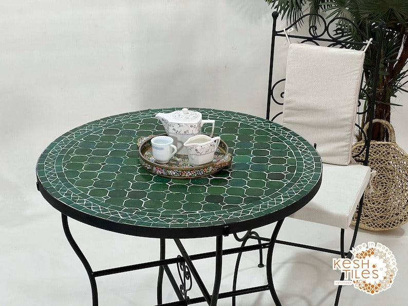 Ifri - Green Mosaic Table, Round Handmade Moroccan Zellige Patio Table