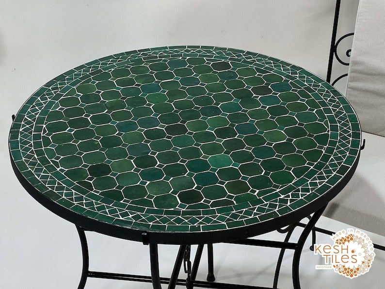 Ifri - Green Mosaic Table, Round Handmade Moroccan Zellige Patio Table