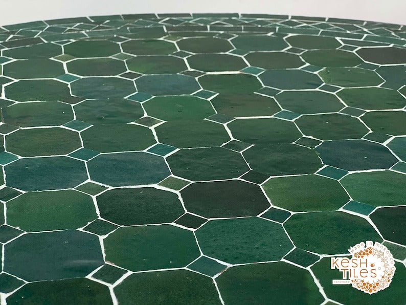 Ifri - Green Mosaic Table, Round Handmade Moroccan Zellige Patio Table