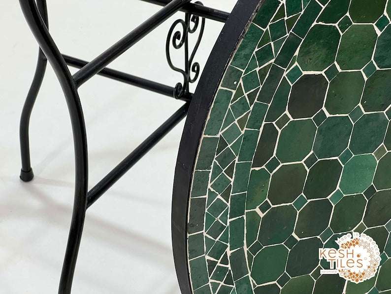 Ifri - Green Mosaic Table, Round Handmade Moroccan Zellige Patio Table