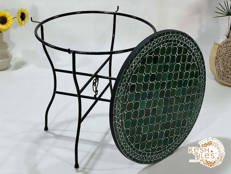Ifri - Green Mosaic Table, Round Handmade Moroccan Zellige Patio Table