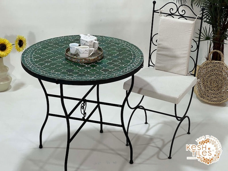 Ifri - Green Mosaic Table, Round Handmade Moroccan Zellige Patio Table