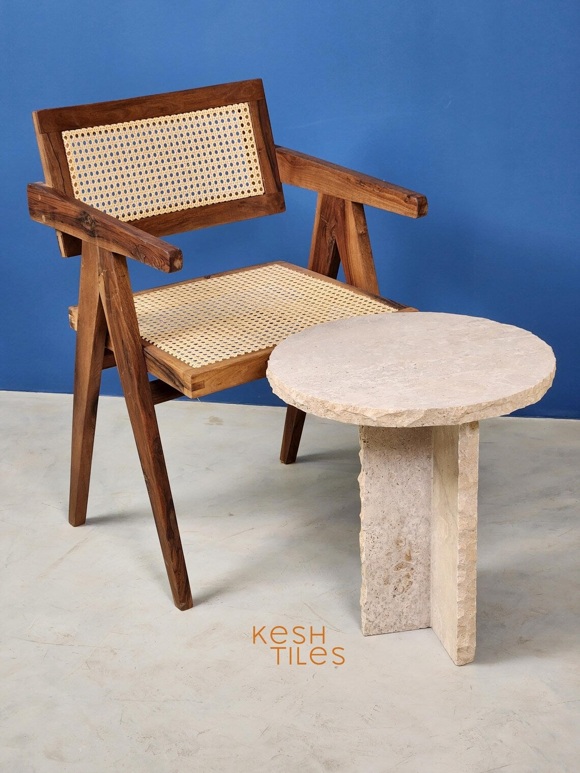 hajara - Beige Travertine Table, Round Handmade Natural Stone Table