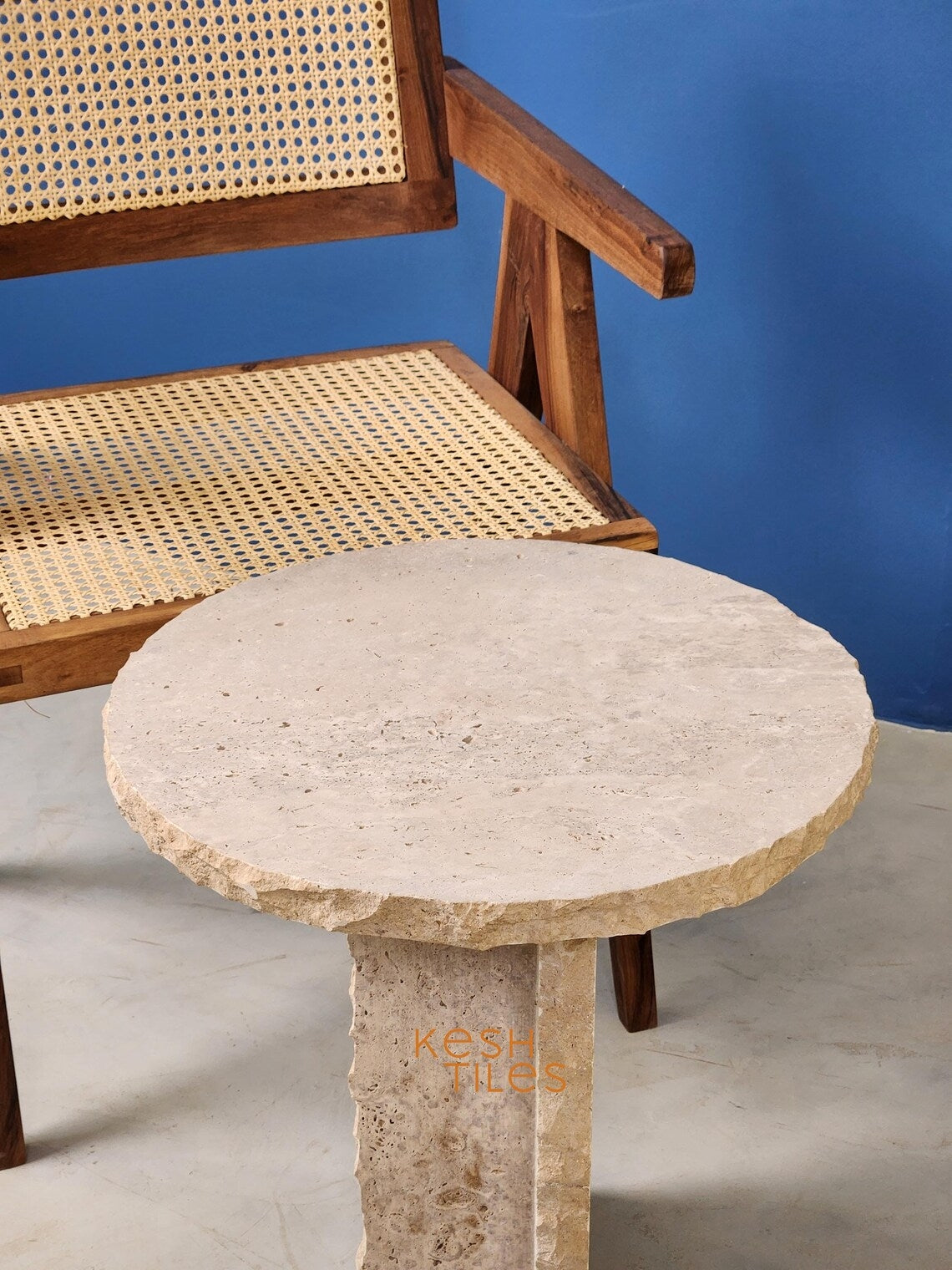 hajara - Beige Travertine Table, Round Handmade Natural Stone Table