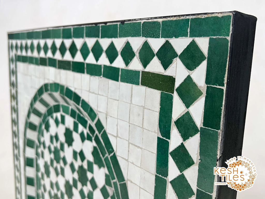 CUSTOM MOSAIC FOUNTAIN - Amazing Indoor/Outdoor Artistic Fountain - Emerlad Green And White Mid Century Pattern - Moroccan Zellige Fountain