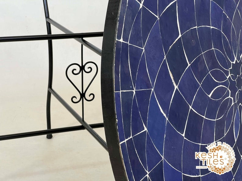 Lalla - Teal Blue Mosaic Table, Round Handmade Zellige Patio Table
