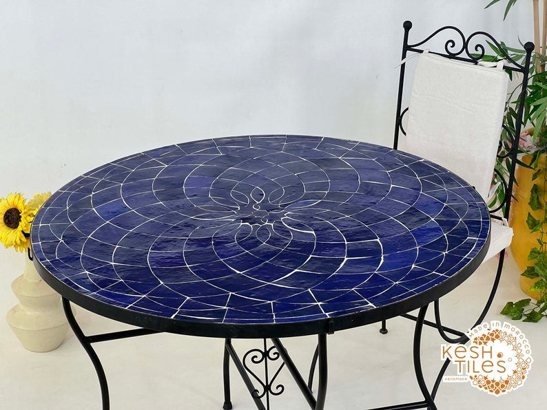 Lalla - Teal Blue Mosaic Table, Round Handmade Zellige Patio Table