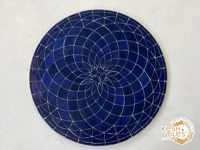 Lalla - Teal Blue Mosaic Table, Round Handmade Zellige Patio Table