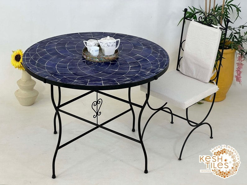 Lalla - Teal Blue Mosaic Table, Round Handmade Zellige Patio Table