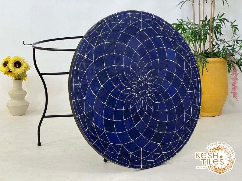 Lalla - Teal Blue Mosaic Table, Round Handmade Zellige Patio Table