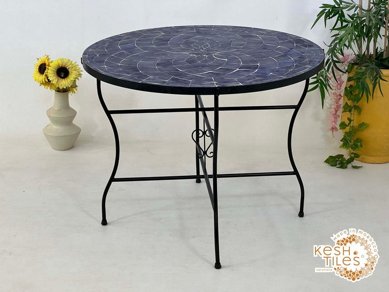 Lalla - Teal Blue Mosaic Table, Round Handmade Zellige Patio Table