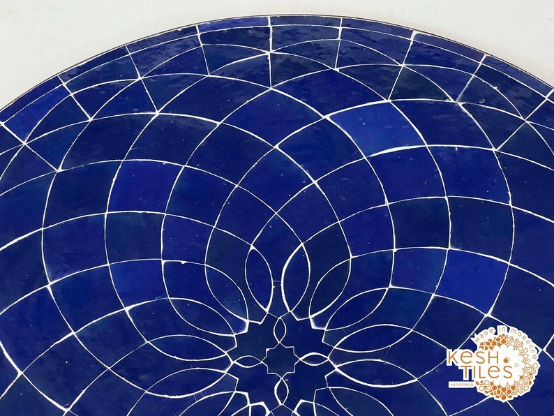 Lalla - Teal Blue Mosaic Table, Round Handmade Zellige Patio Table