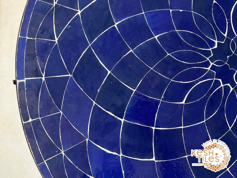 Lalla - Teal Blue Mosaic Table, Round Handmade Zellige Patio Table