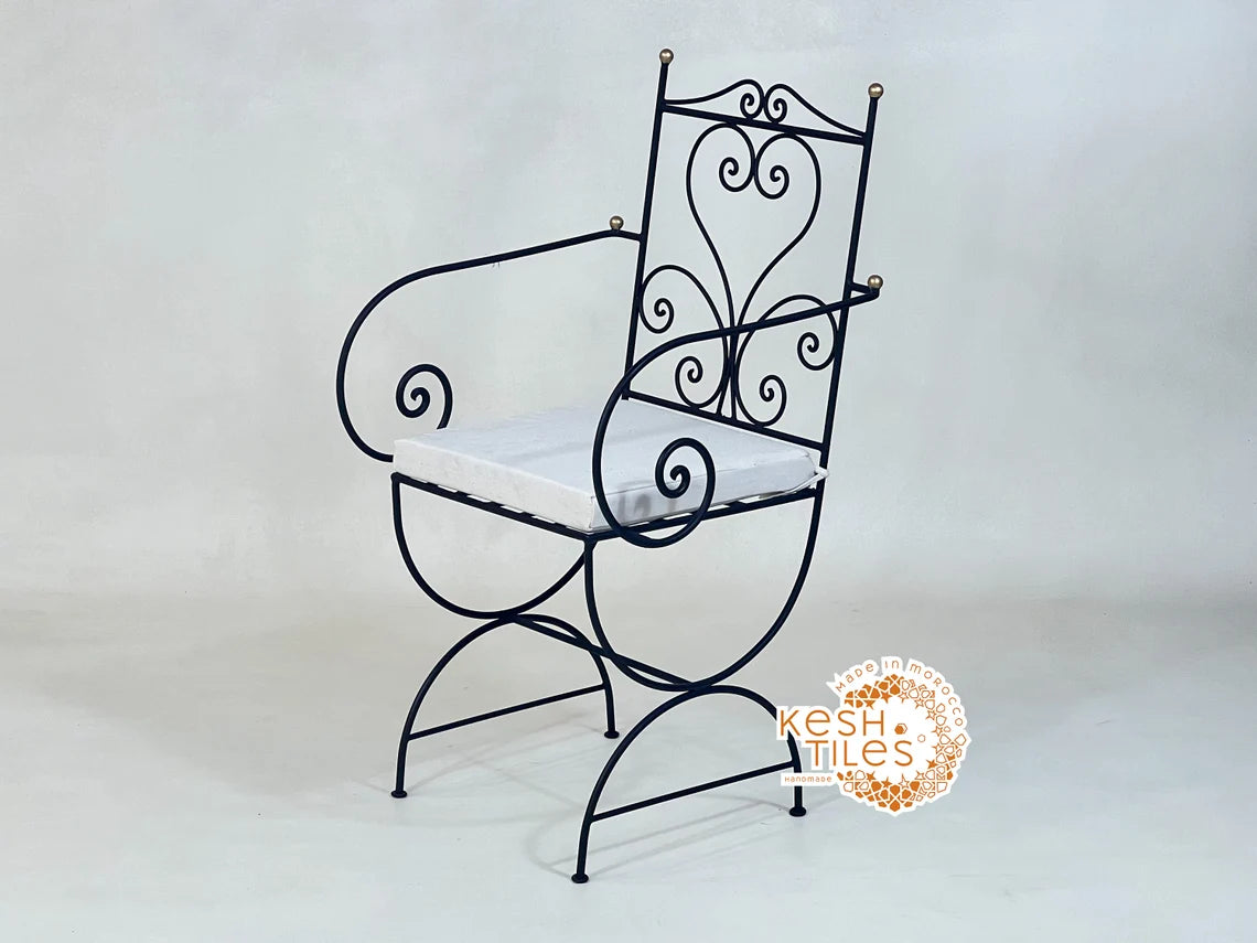Khalid - Black Wrought Iron Chair with Golden Finials, Handmade Moroccan Bistro Chair