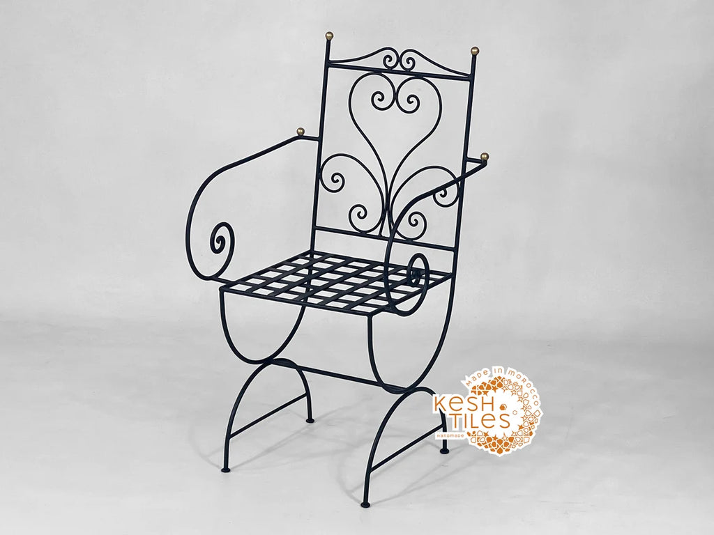 Khalid - Black Wrought Iron Chair with Golden Finials, Handmade Moroccan Bistro Chair