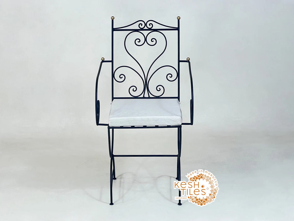 Khalid - Black Wrought Iron Chair with Golden Finials, Handmade Moroccan Bistro Chair