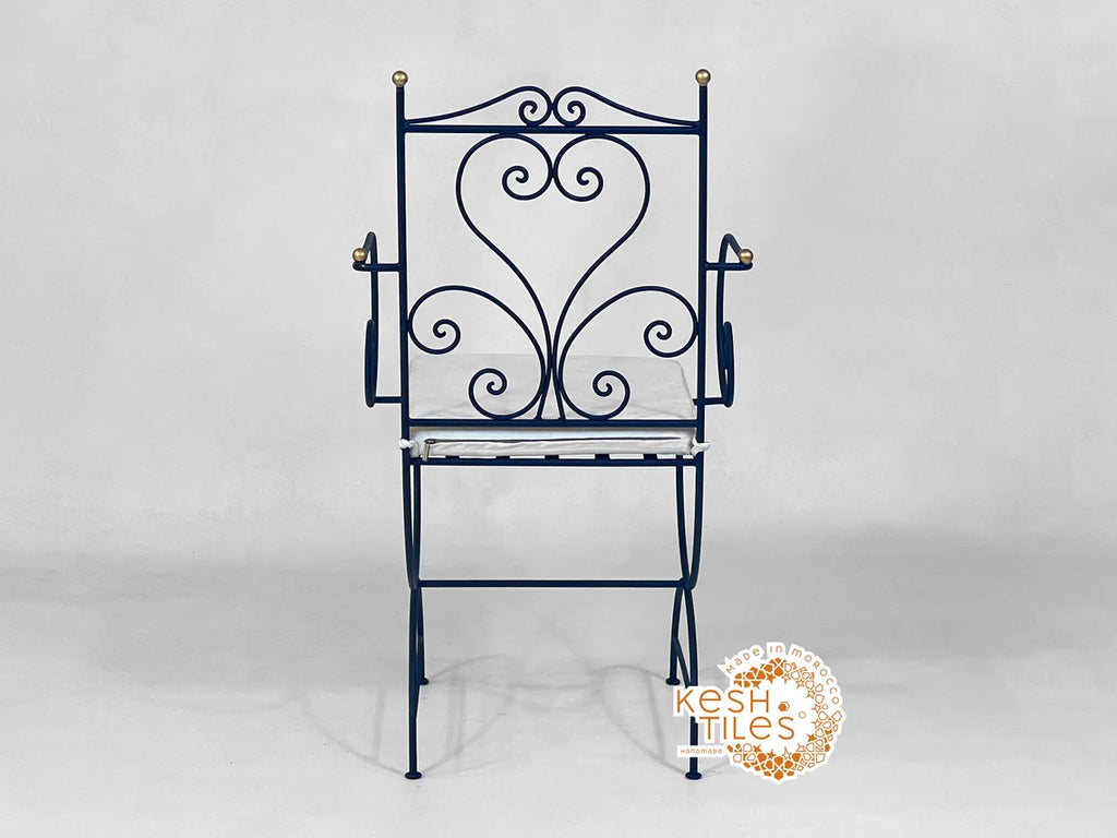 Khalid - Black Wrought Iron Chair with Golden Finials, Handmade Moroccan Bistro Chair