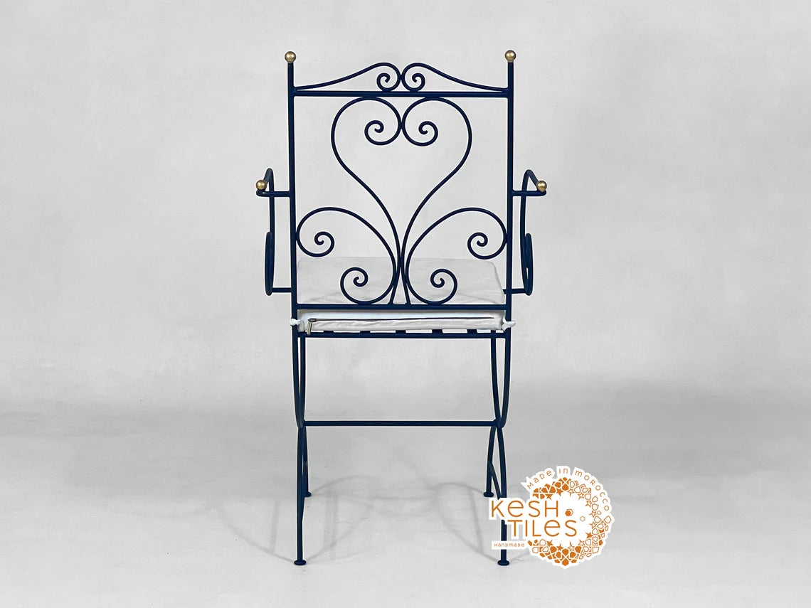 Khalid - Black Wrought Iron Chair with Golden Finials, Handmade Moroccan Bistro Chair