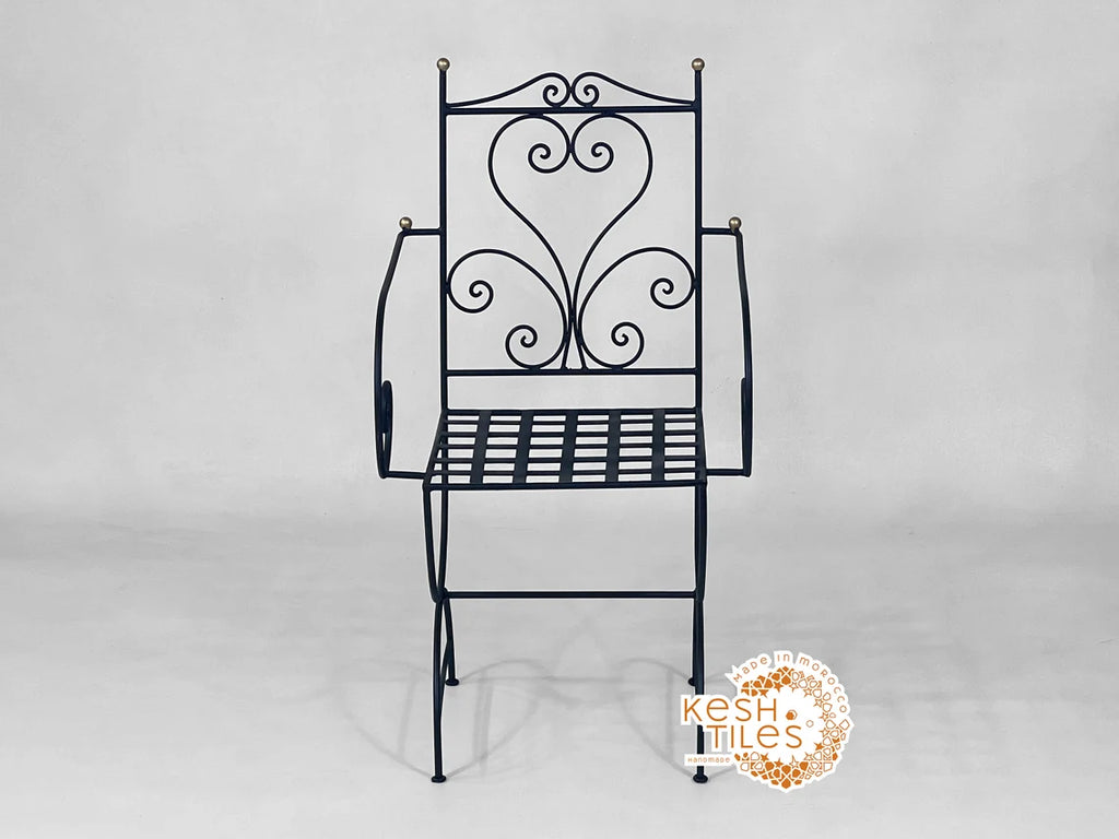 Khalid - Black Wrought Iron Chair with Golden Finials, Handmade Moroccan Bistro Chair