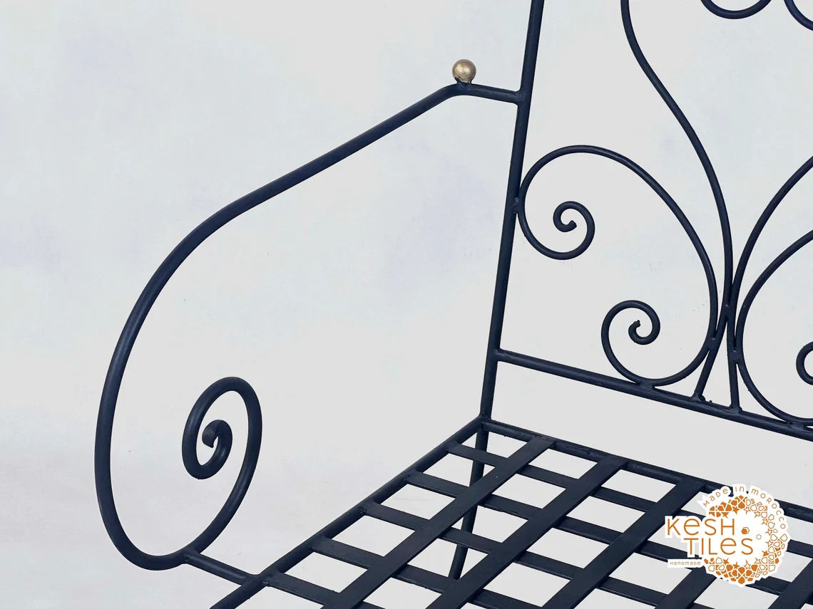 Khalid - Black Wrought Iron Chair with Golden Finials, Handmade Moroccan Bistro Chair