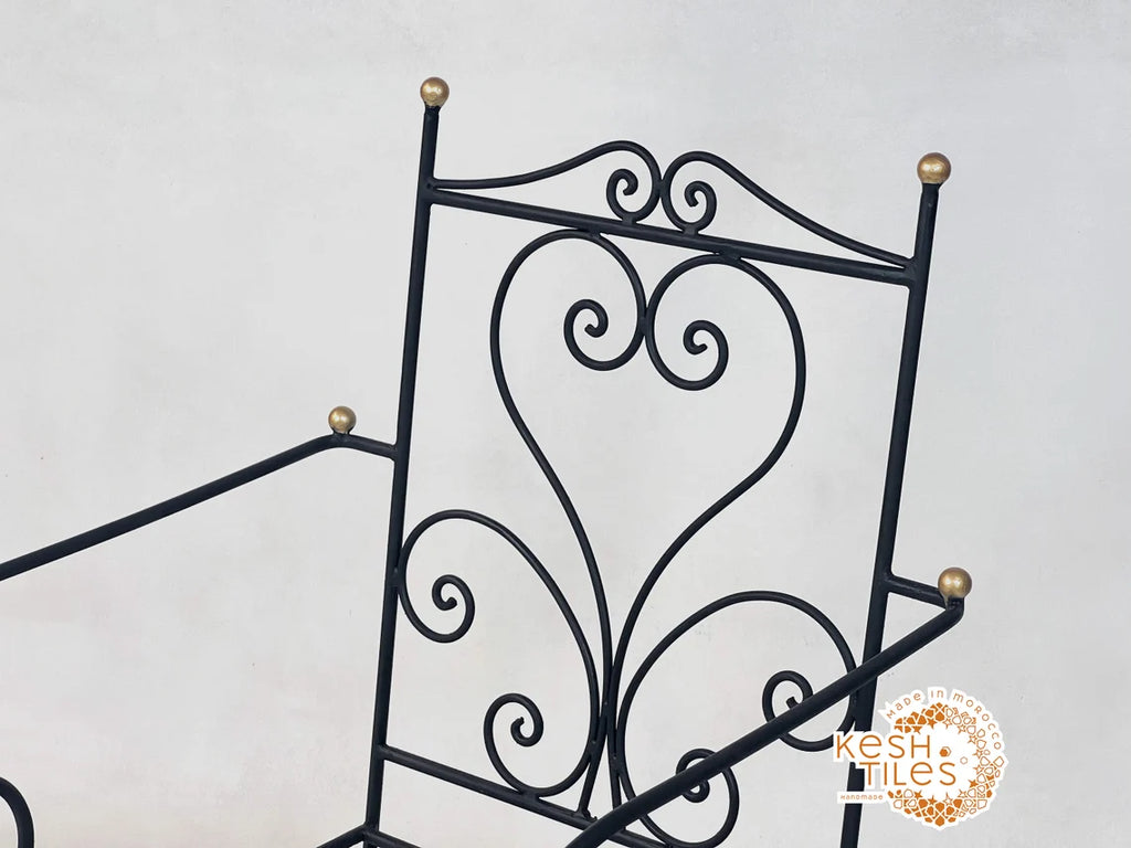 Khalid - Black Wrought Iron Chair with Golden Finials, Handmade Moroccan Bistro Chair