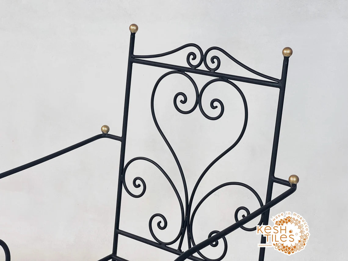Khalid - Black Wrought Iron Chair with Golden Finials, Handmade Moroccan Bistro Chair