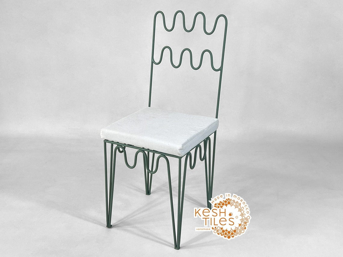Kian - Moroccan Iron Chair, Handmade Wrought Stool with White Cushion