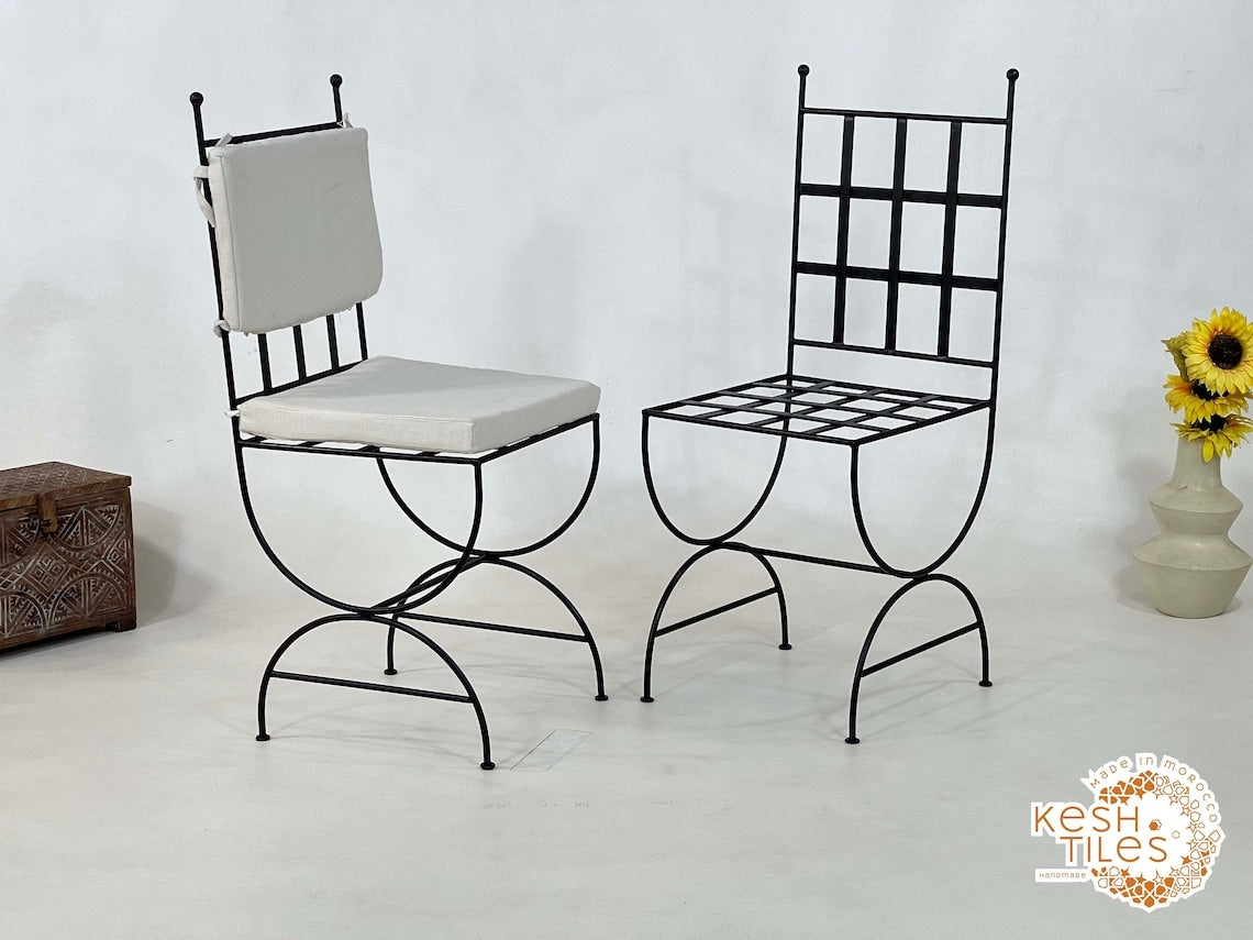 Idris - Set of Moroccan Iron Chairs, Handpainted Wrought Stools with Cushions