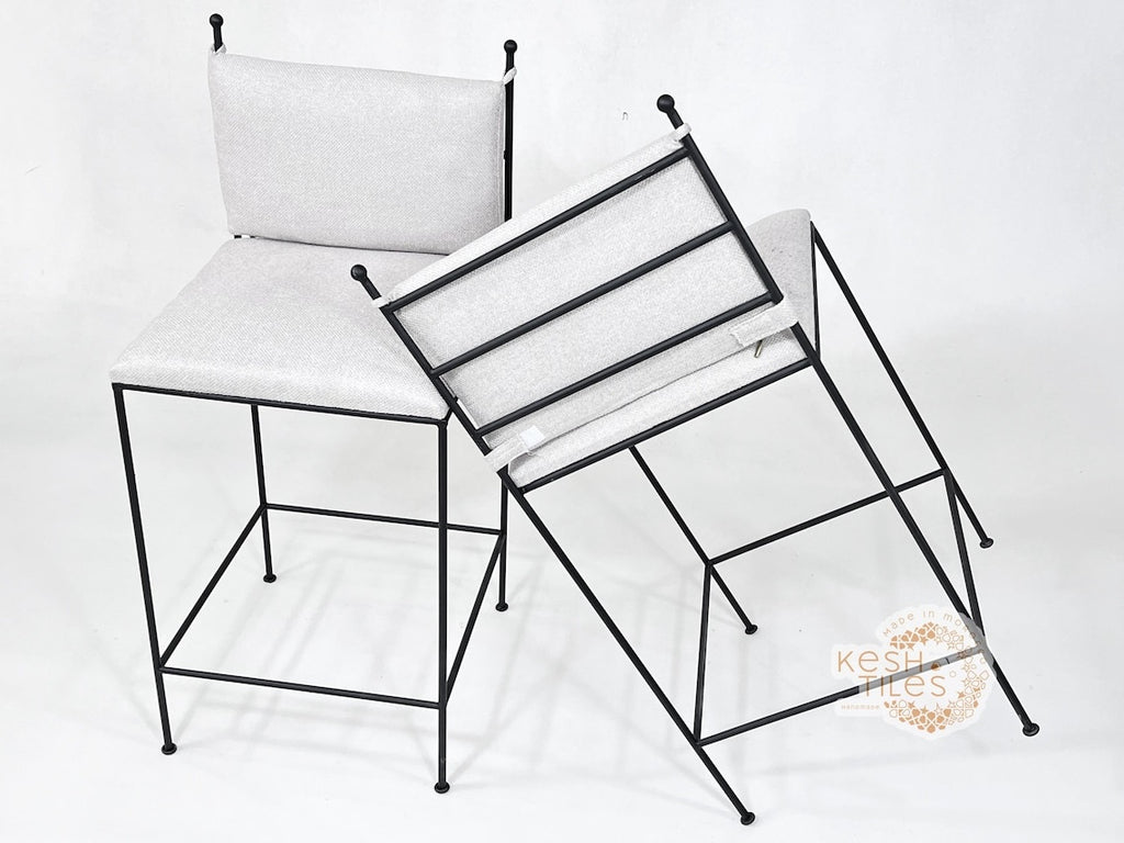 Zohair - Moroccan Iron Stool, Handmade Wrought Chair with Beige Upholstery
