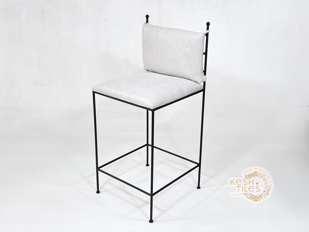 Zohair - Moroccan Iron Stool, Handmade Wrought Chair with Beige Upholstery