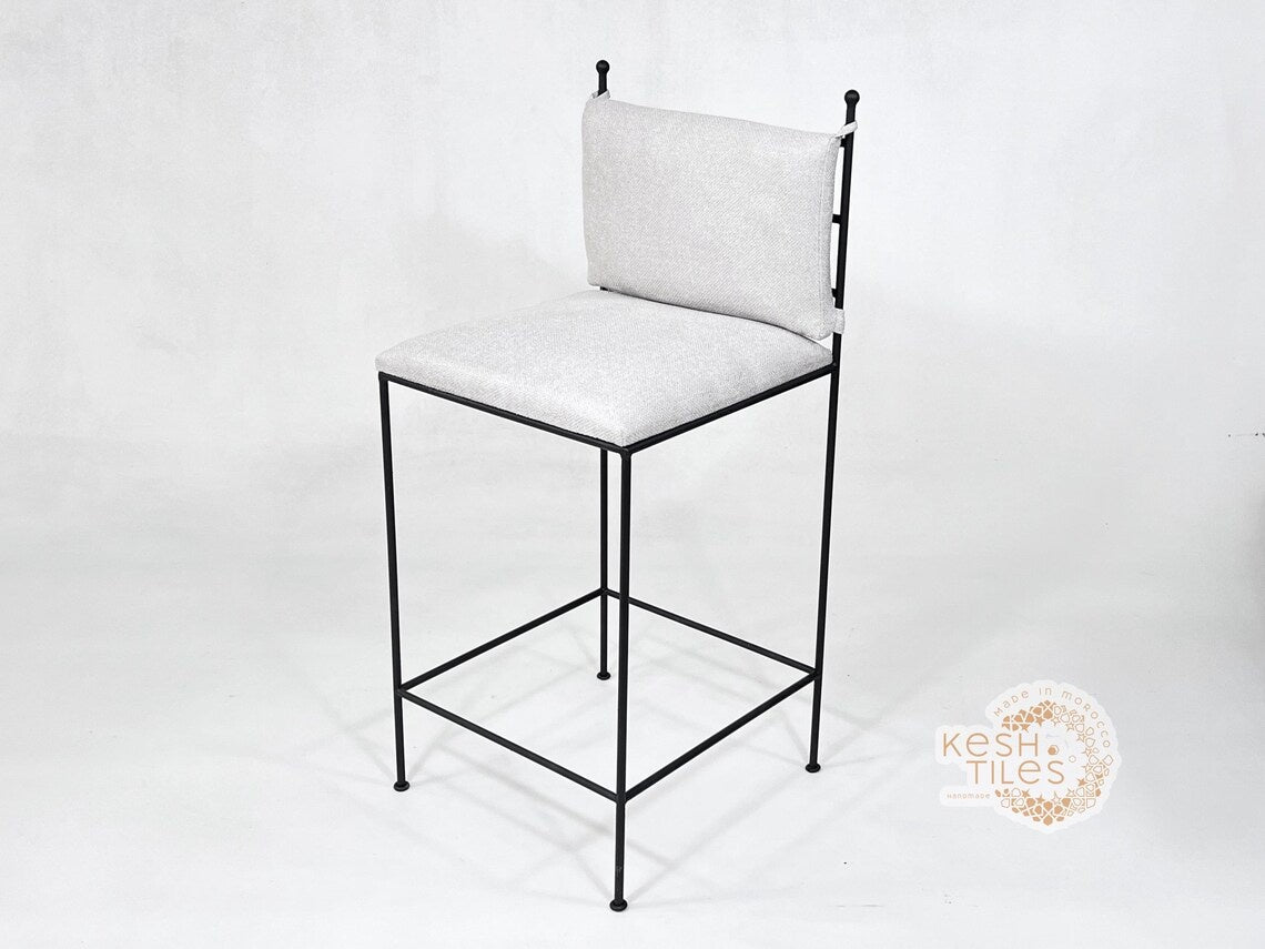 Zohair - Moroccan Iron Stool, Handmade Wrought Chair with Beige Upholstery