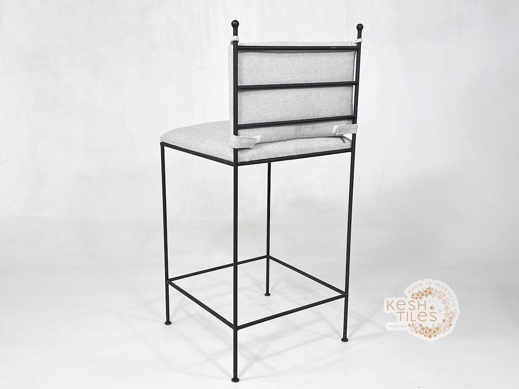 Zohair - Moroccan Iron Stool, Handmade Wrought Chair with Beige Upholstery