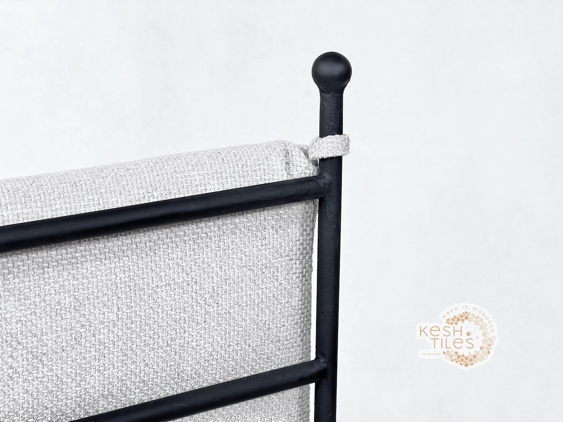 Zohair - Moroccan Iron Stool, Handmade Wrought Chair with Beige Upholstery